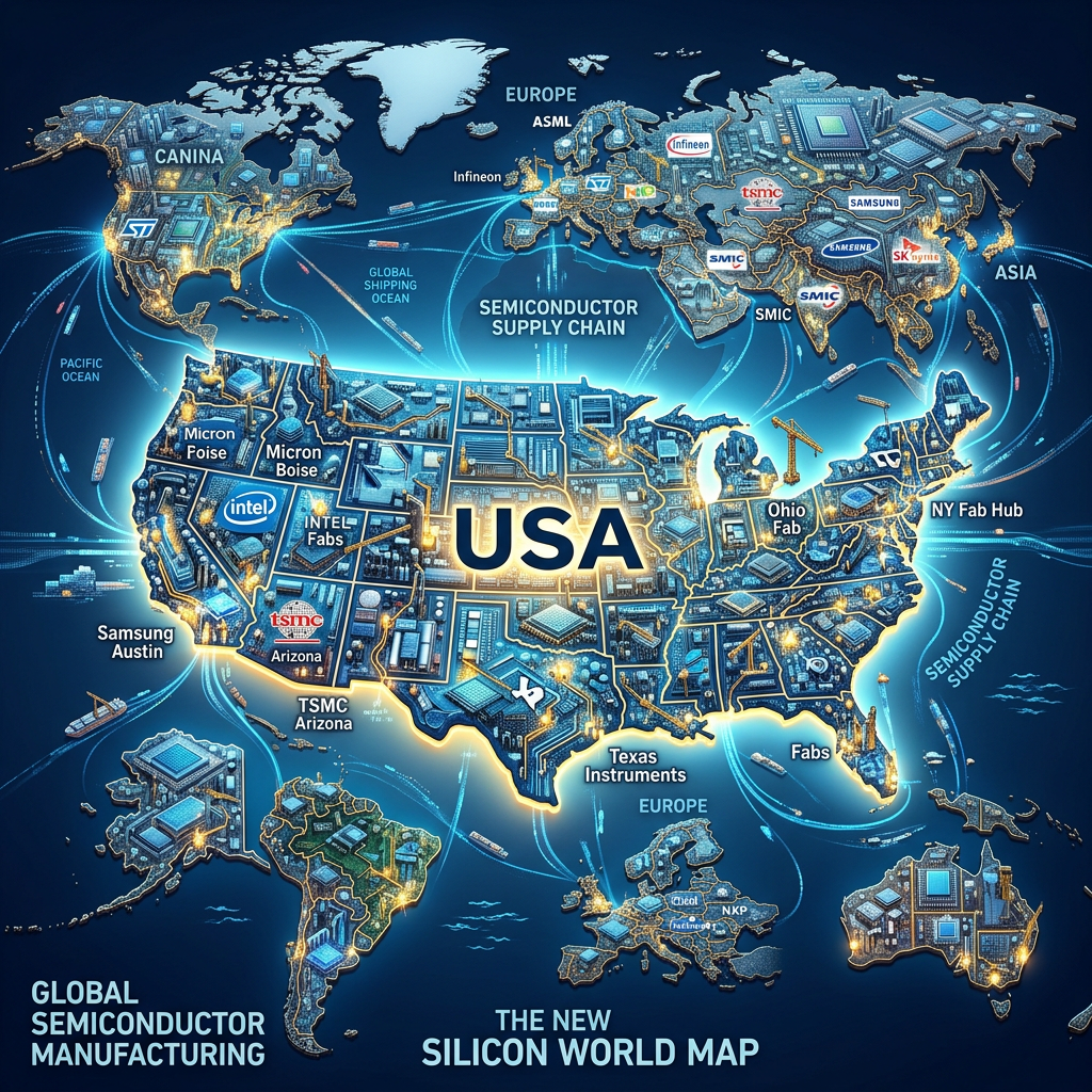 Global map highlighting major semiconductor manufacturing hubs and supply chains in USA, Asia, Europe, and other regions.