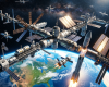 Space station with solar panels orbiting Earth and rockets launching upward.