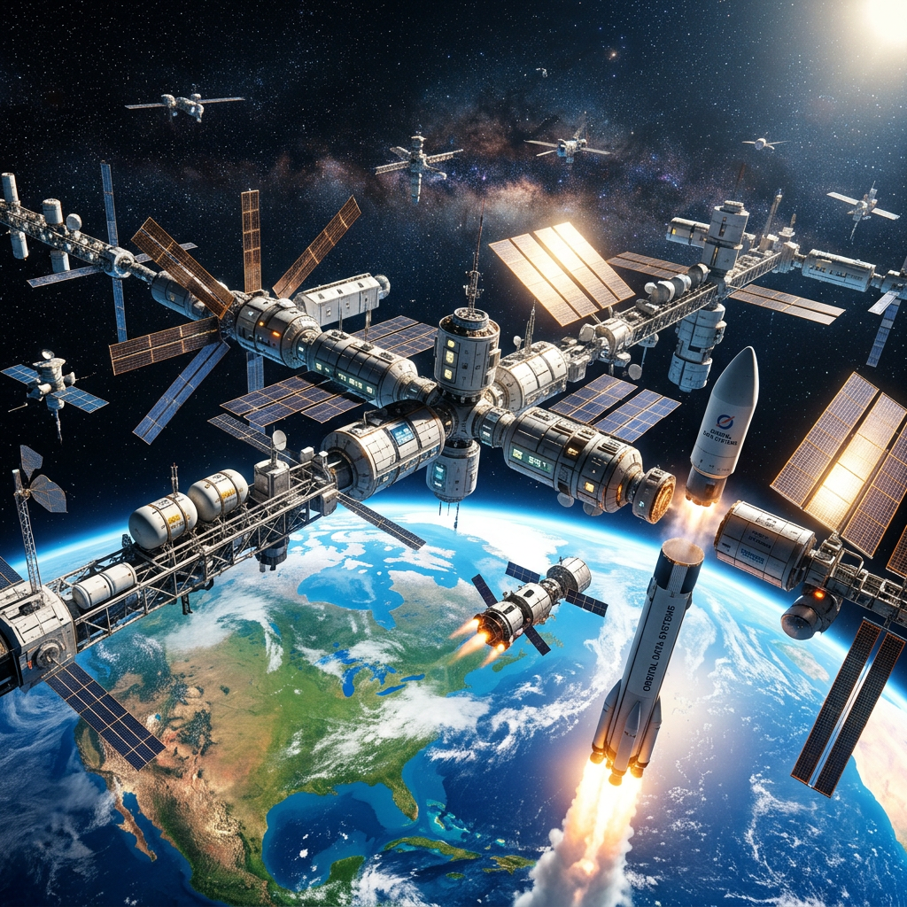 Space station with solar panels orbiting Earth and rockets launching upward.