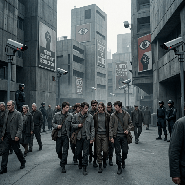 Group of people walking in a gray city with security cameras and posters reading 'Moral conformity is strength,' 'Obey the code,' and 'Unity through order'