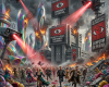 Crowd escaping burning futuristic city monitored by surveillance drones and cameras with propaganda posters urging conformity