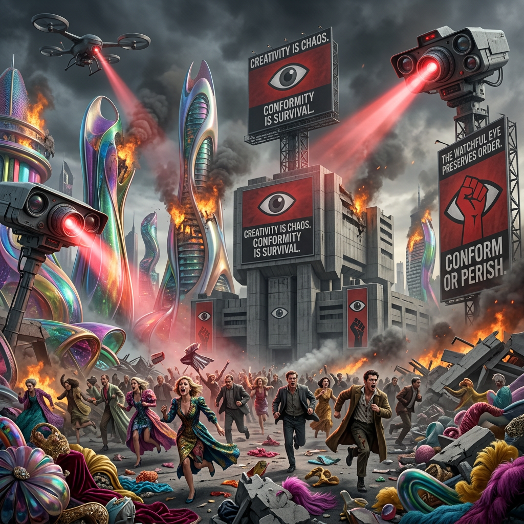Crowd escaping burning futuristic city monitored by surveillance drones and cameras with propaganda posters urging conformity