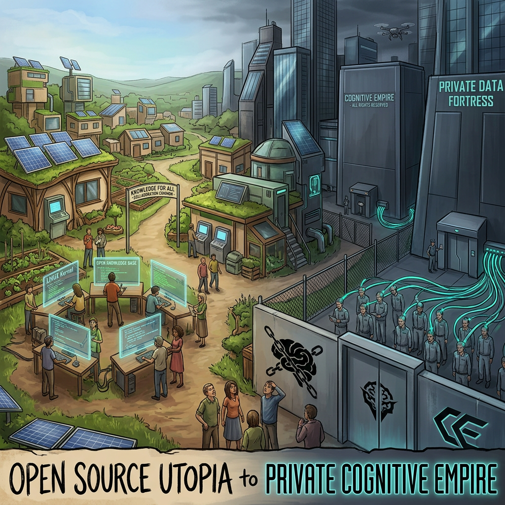 Open source community with solar-powered buildings and cooperative coding versus fenced private data fortress with controlled robotic workers