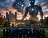 Graduates in caps and gowns assembled on university campus with large robot and brain circuit overlay in sky