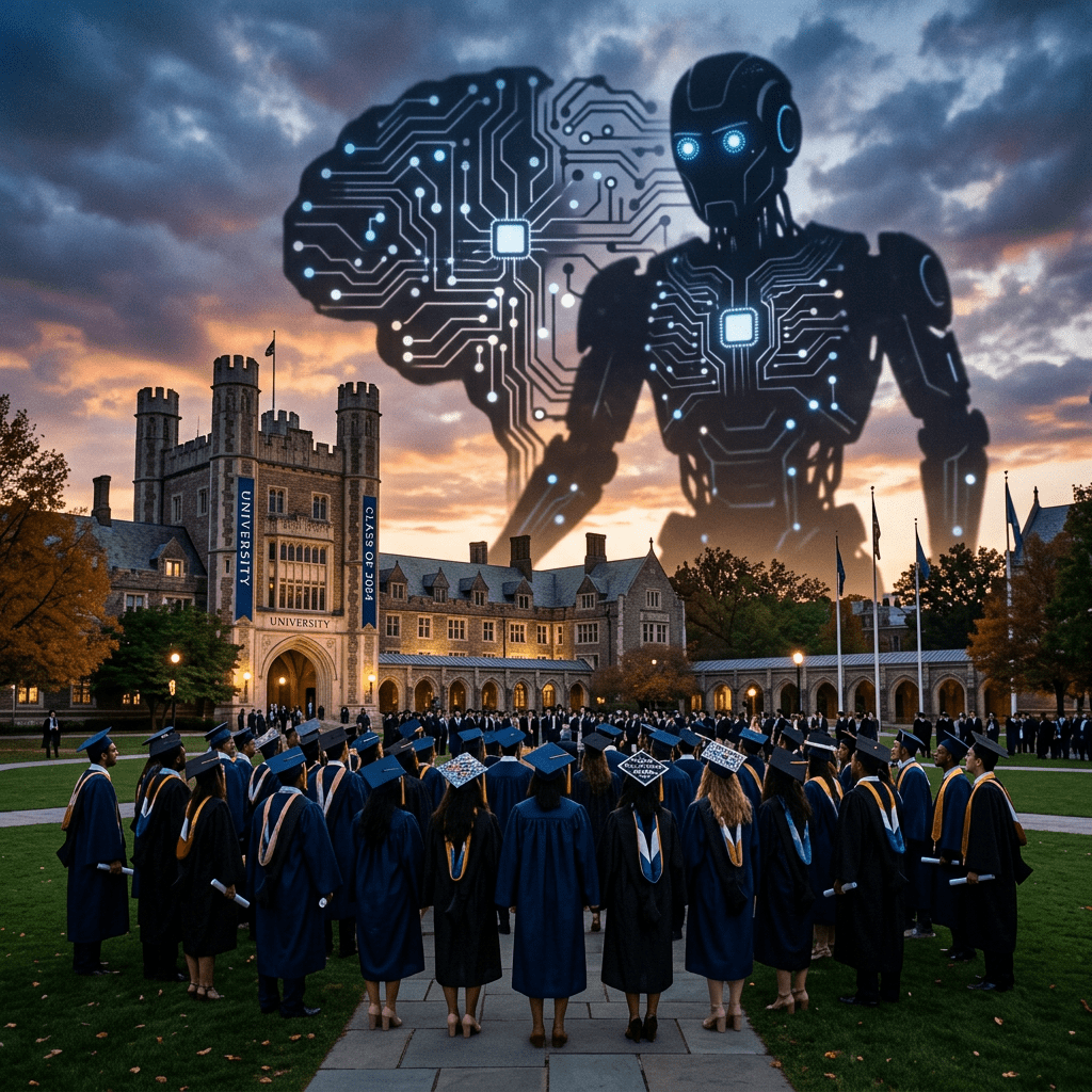 Graduates in caps and gowns assembled on university campus with large robot and brain circuit overlay in sky