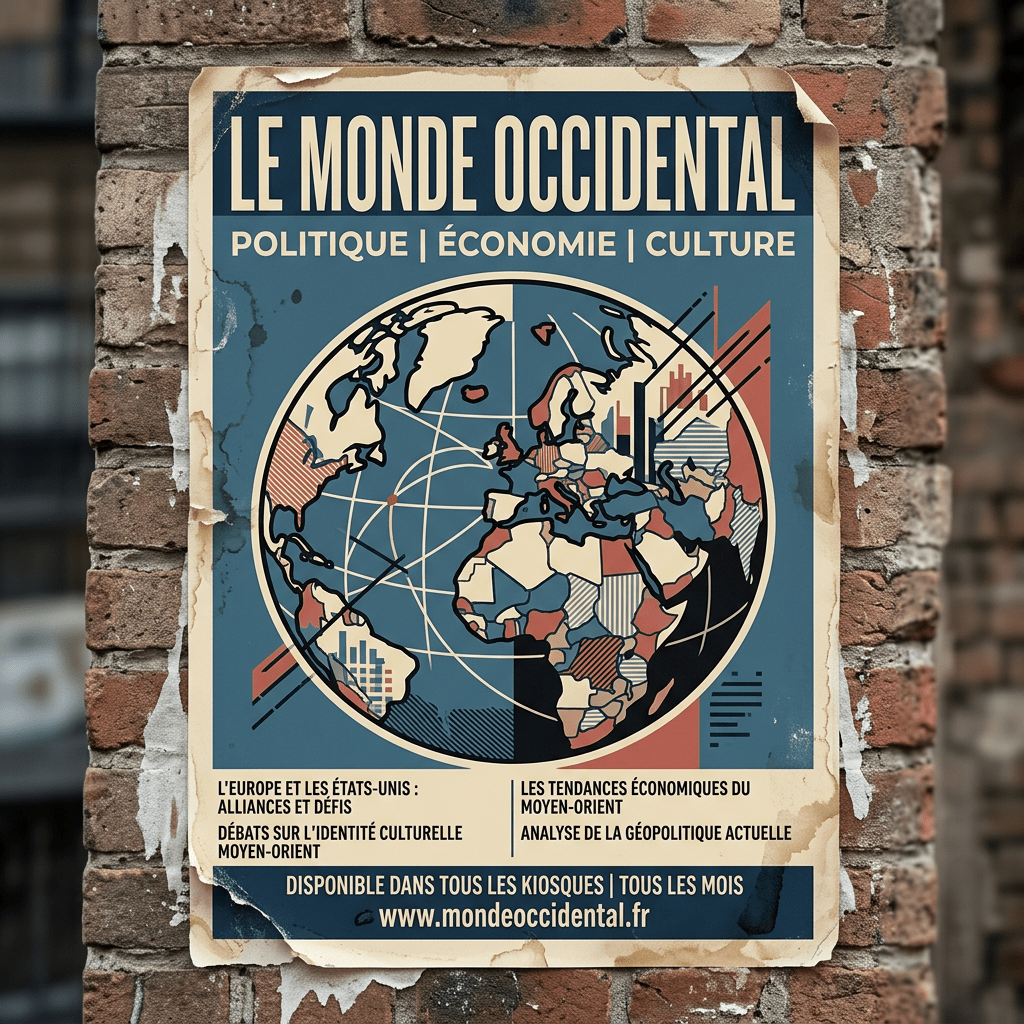 Poster showing a stylized map of the Western world with political and economic themes and French text.