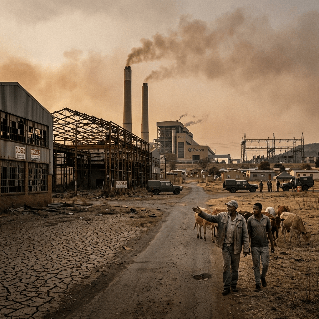 Two men walking with cattle beside closed factory buildings and a power plant with smoking chimneys