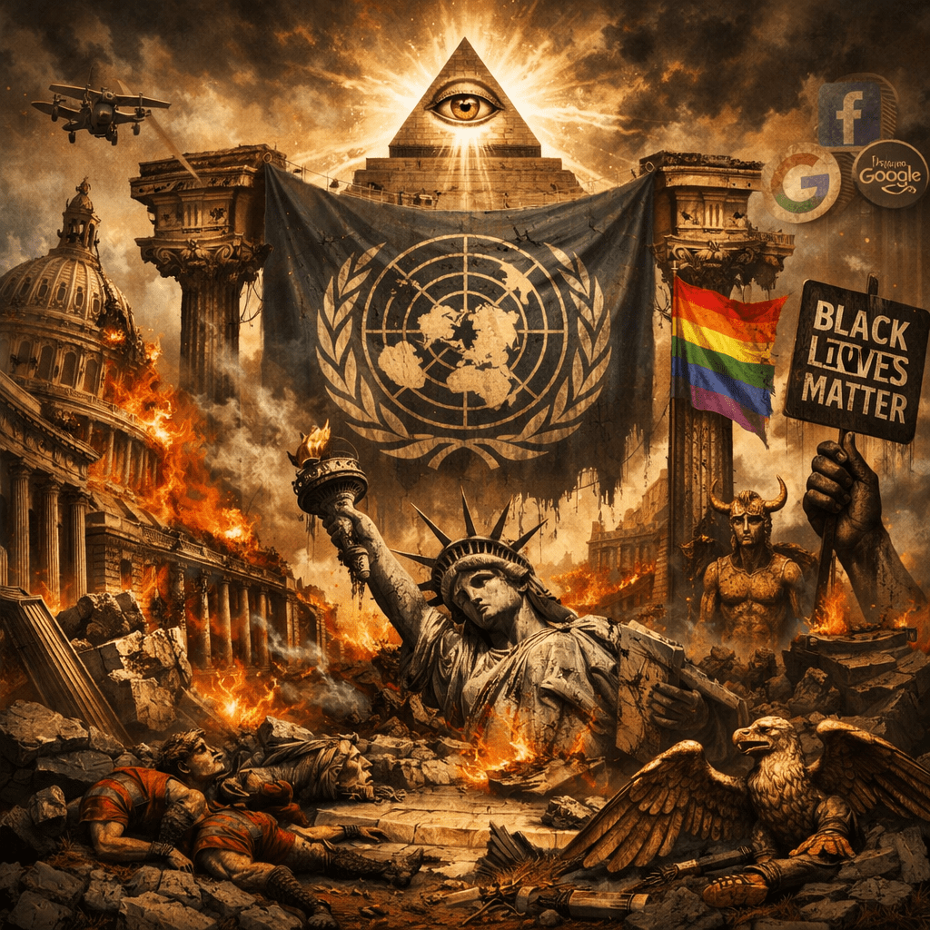 Ruined Statue of Liberty, burning Capitol, United Nations flag, All-Seeing Eye pyramid, protest sign reading Black Lives Matter