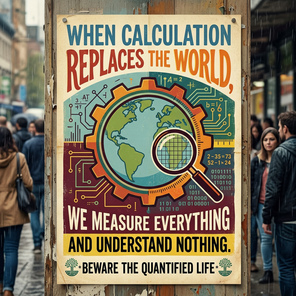 Poster saying 'When calculation replaces the world, we measure everything and understand nothing. Beware the quantified life' with globe and magnifying glass illustration