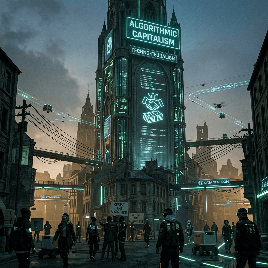People protesting in a dark city with neon signs reading Algorithmic Capitalism and Techno-Feudalism