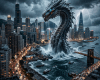 Massive dragon rising from water in city harbor during storm with lightning