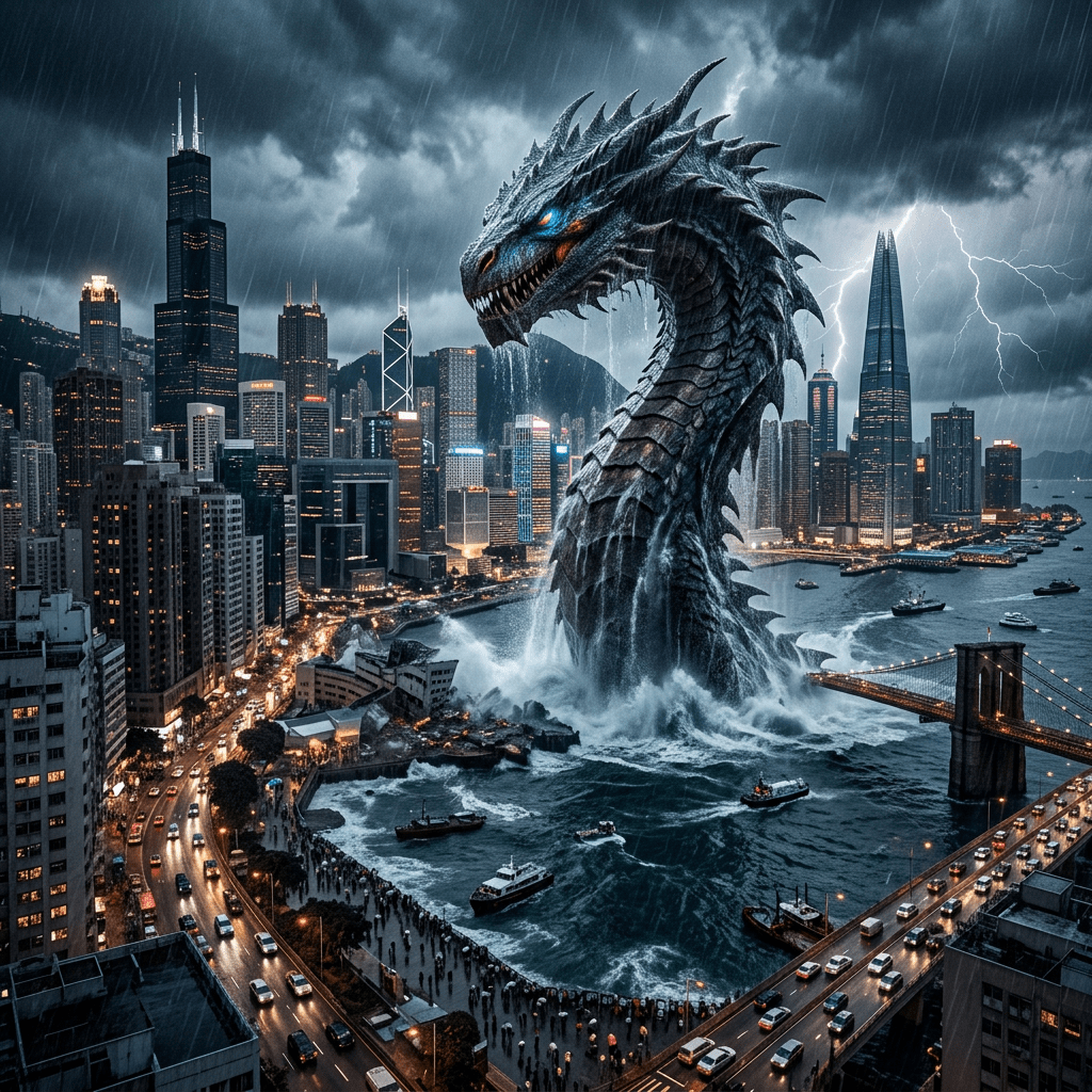 Massive dragon rising from water in city harbor during storm with lightning