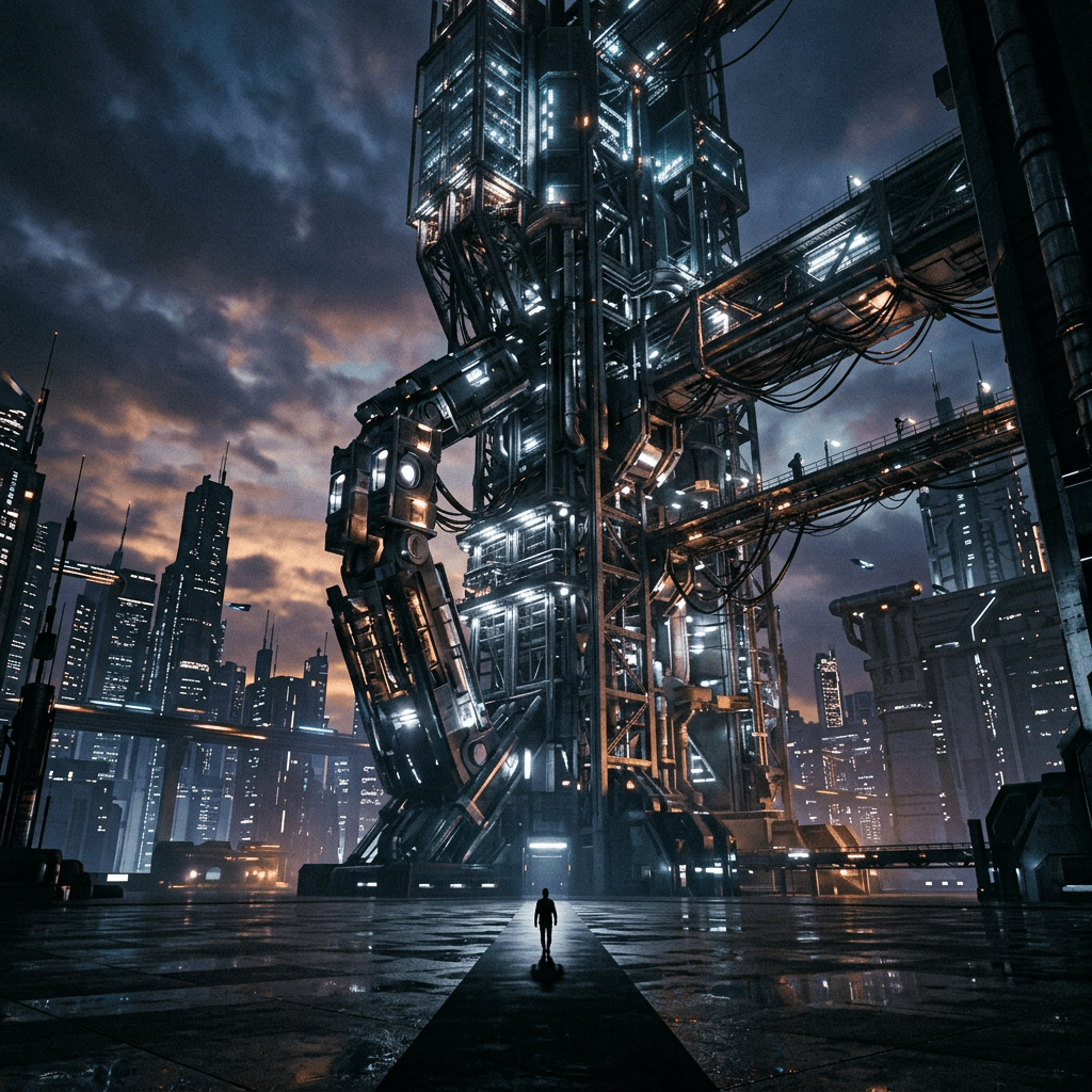 Silhouette of a person facing a massive illuminated industrial tower in a futuristic cityscape at dusk