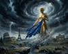 A giant stone statue holding a tattered European Union flag stands amidst ruins of European landmarks under dark stormy clouds with lightning.