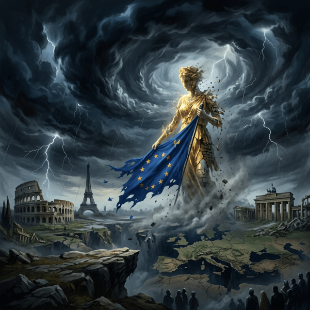 A giant stone statue holding a tattered European Union flag stands amidst ruins of European landmarks under dark stormy clouds with lightning.