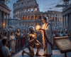Roman man in toga holding glowing orb over kneeling robot with crowd and Colosseum in background