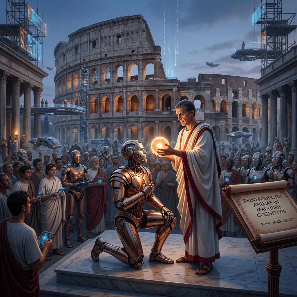 Roman man in toga holding glowing orb over kneeling robot with crowd and Colosseum in background