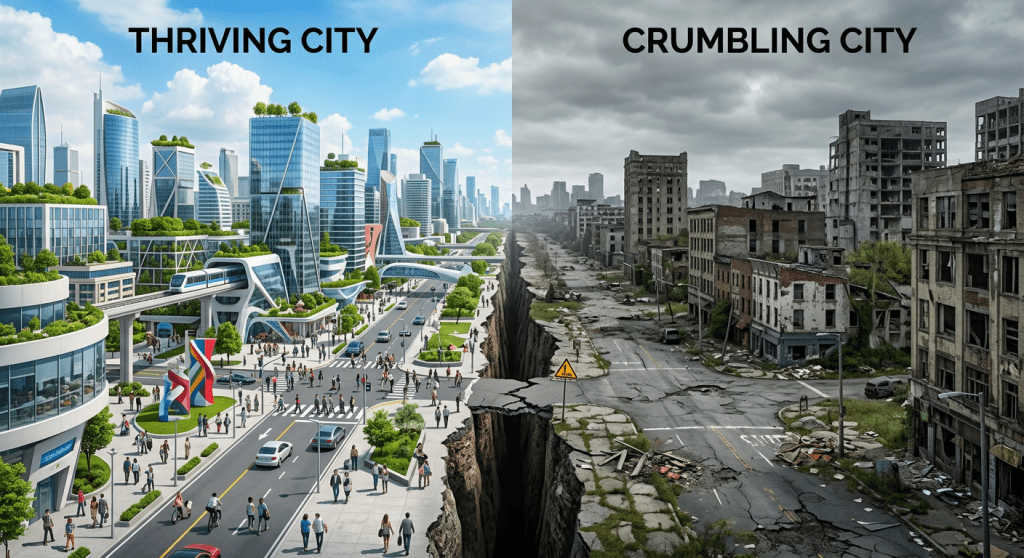Left side shows a thriving city with modern buildings and people; right side shows a crumbling city with ruined structures and cracked roads.