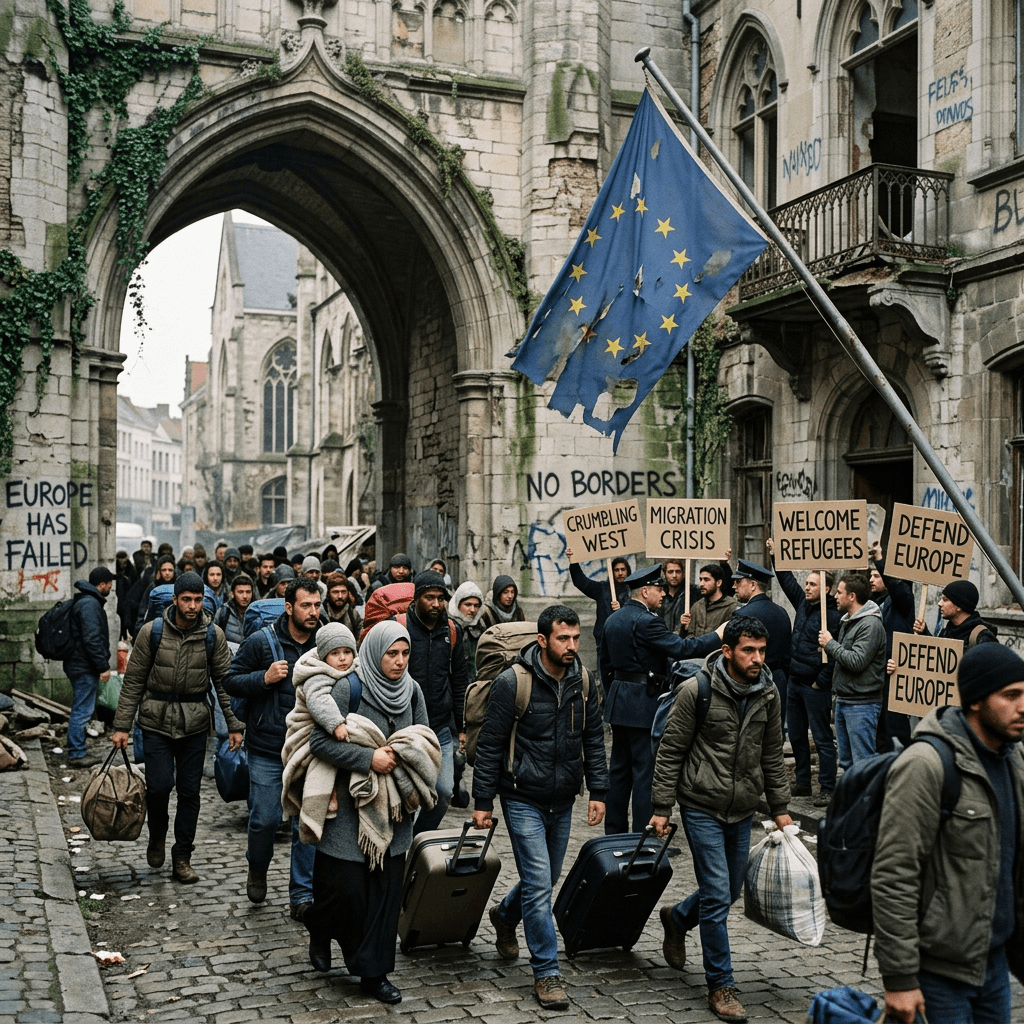 Migrants with luggage walking past protesters holding signs about migration crisis and Europe