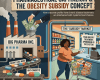 Factory labeled Big Pharma producing weight-loss and anti-diabetic pills connected to supermarket selling sugary drinks, high-calorie snacks, and processed food to a woman