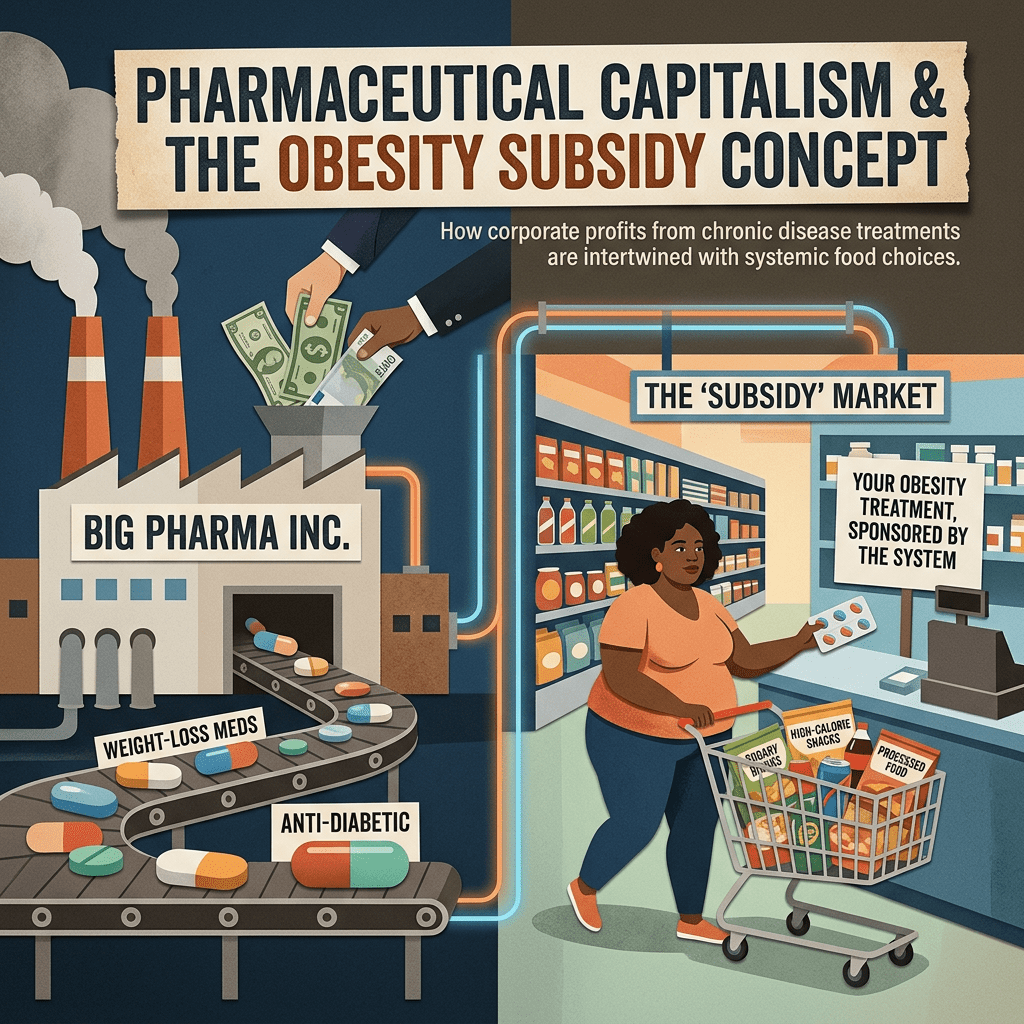 Factory labeled Big Pharma producing weight-loss and anti-diabetic pills connected to supermarket selling sugary drinks, high-calorie snacks, and processed food to a woman