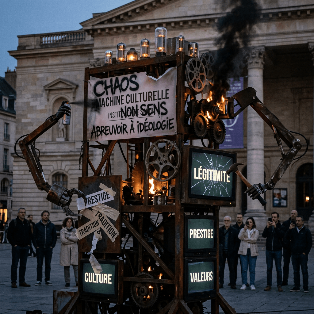 Mechanical sculpture with screens showing words 'Légitimité,' 'Prestige,' 'Valeurs,' and signs with 'Prestige,' 'Tradition,' and 'Culture' surrounded by people.