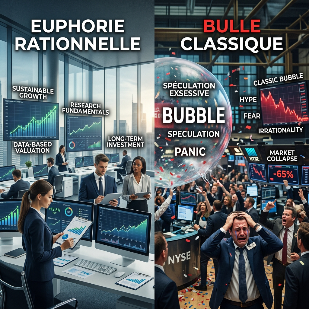 Side-by-side image comparing rational market growth with sustainable data-driven investing on the left and a chaotic stock market bubble burst on the right.