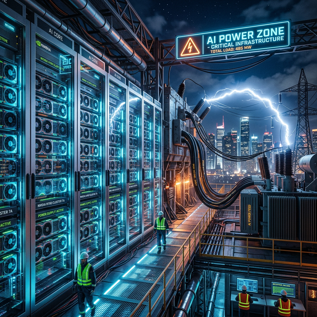 Technicians in safety vests walking next to large AI server racks under a sign reading AI Power Zone with visible electrical arcs