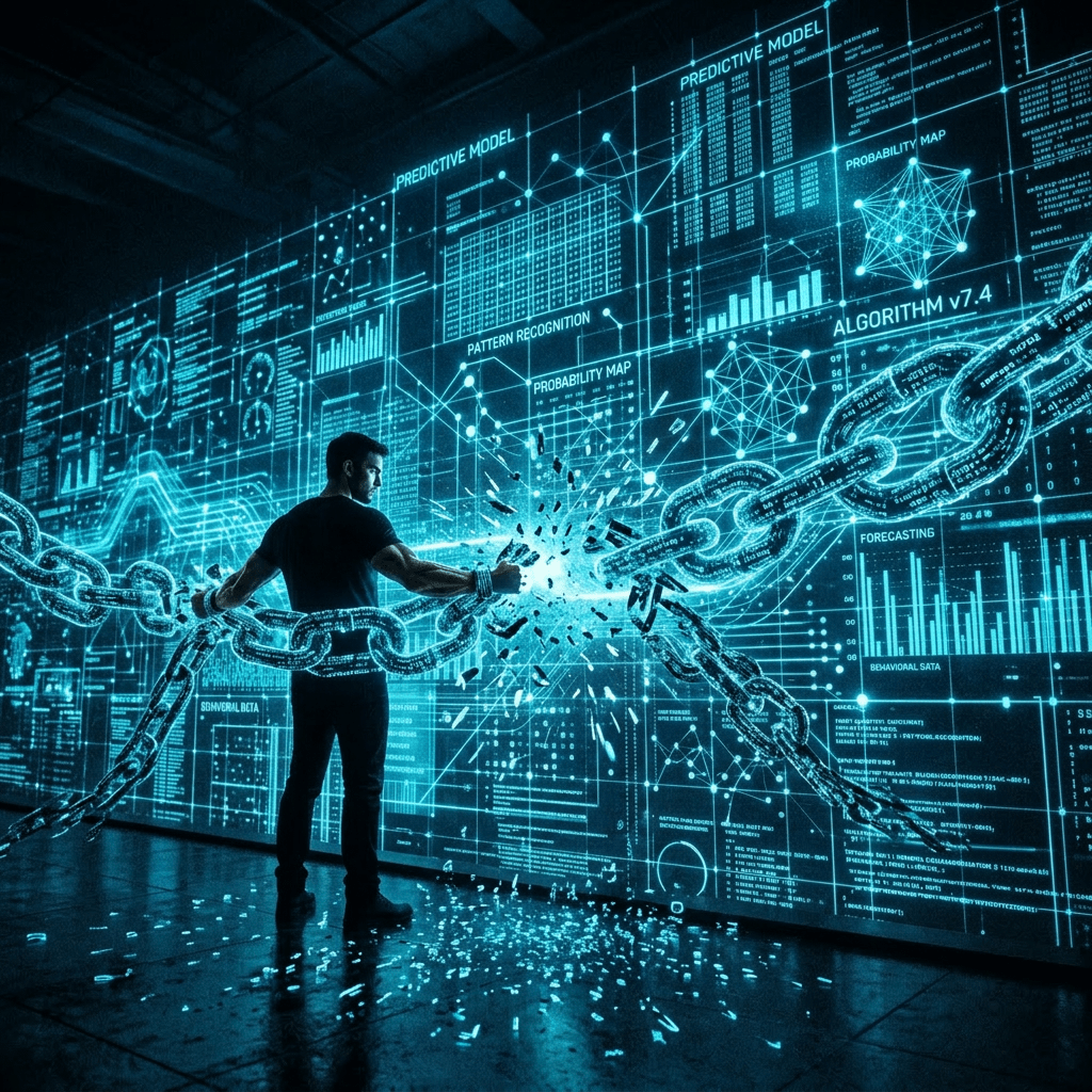Silhouette of a person standing before a large digital display showing predictive models, probability maps, and algorithm data visualizations.