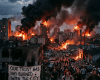 Crowd running through a burning city with tall buildings on fire and thick smoke