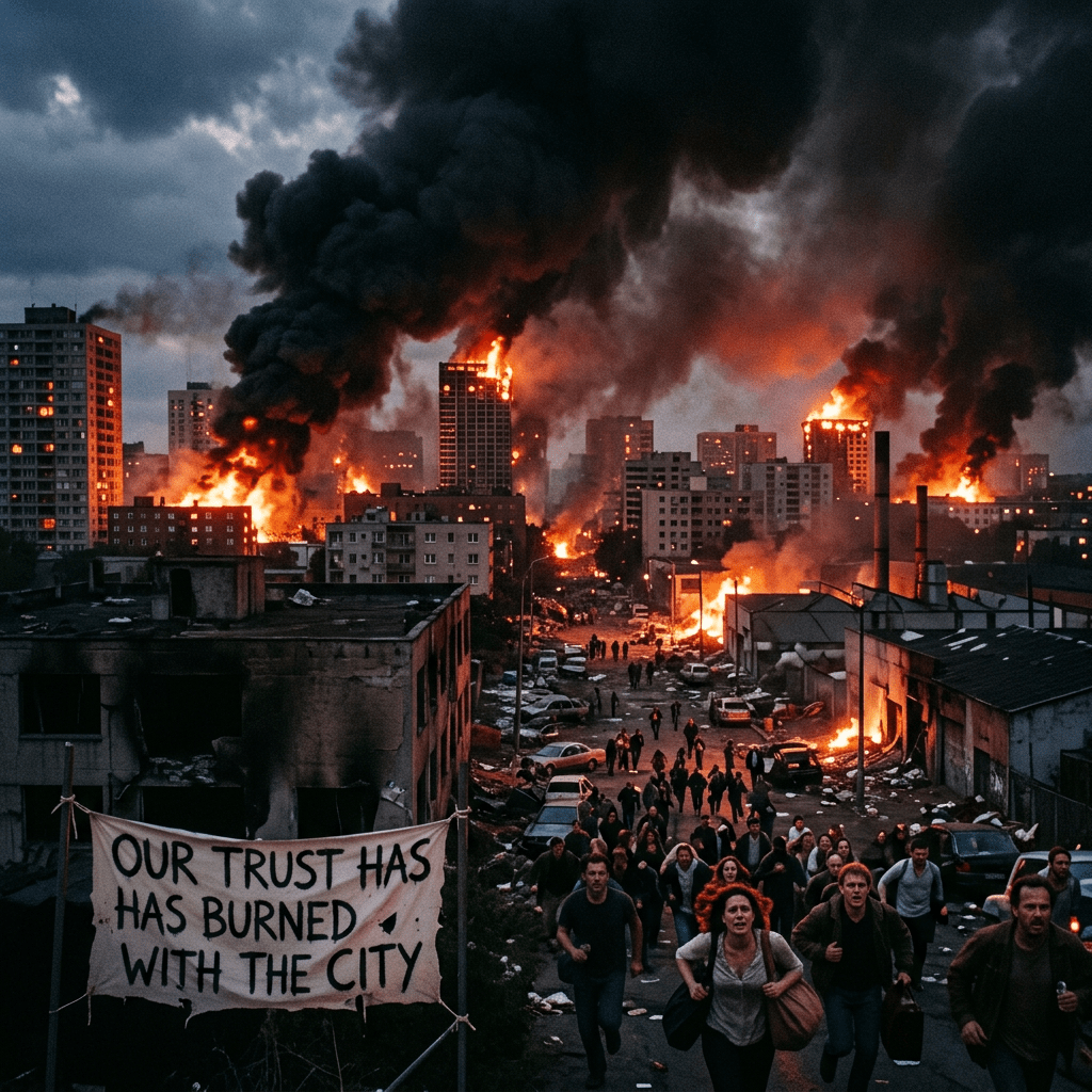 Crowd running through a burning city with tall buildings on fire and thick smoke