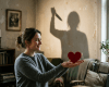 Woman holding red heart with shadow raising a knife behind