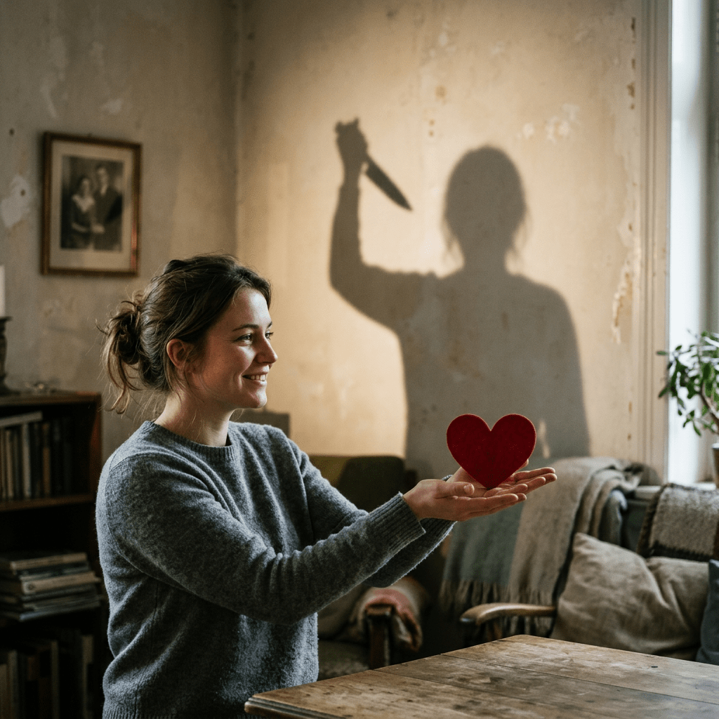 Woman holding red heart with shadow raising a knife behind