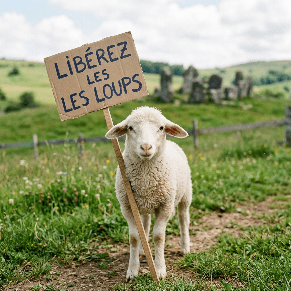 A lamb holding a cardboard sign with the text 'Libérez les loups' in a rural grassy area.