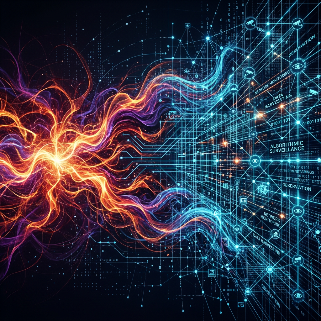 Glowing data streams connecting to algorithmic surveillance and network monitoring icons