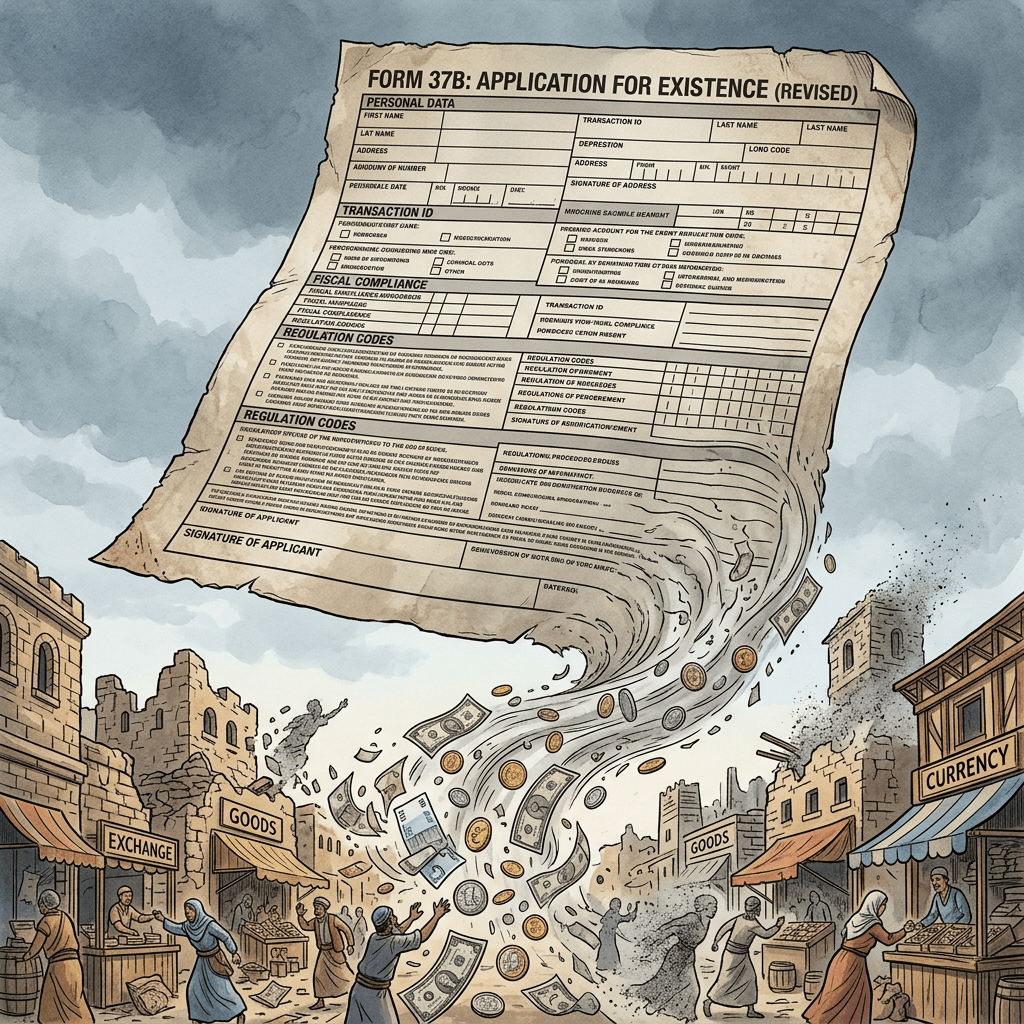 Large bureaucratic form swirling above a marketplace with coins, bills, and people