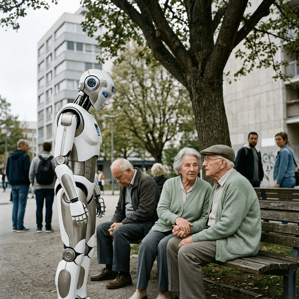 Humanoid robot standing and communicating with elderly couple sitting on a bench in a park