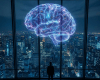 Silhouette of a person looking at city lights with glowing brain and quote about AI's power to amplify hopes and fears