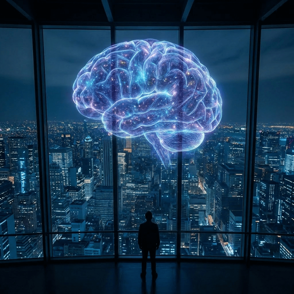 Silhouette of a person looking at city lights with glowing brain and quote about AI's power to amplify hopes and fears