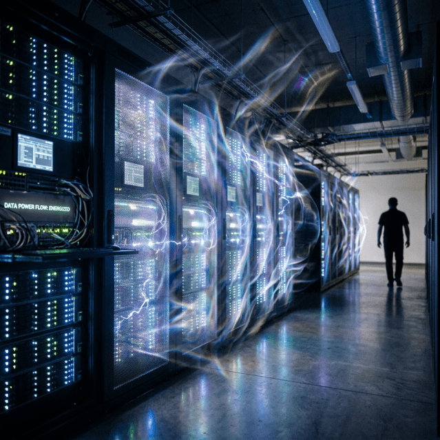 Data center servers with glowing energy flow and a silhouette of a person walking