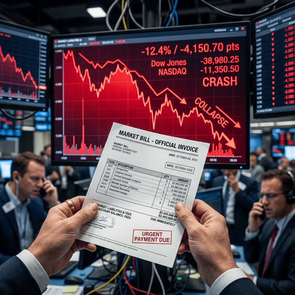 Hands holding urgent payment invoice with traders and stock market crash on screens