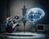 Electric guitar merging with digital brain and circuits on a lab bench