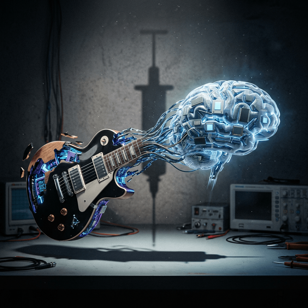 Electric guitar merging with digital brain and circuits on a lab bench
