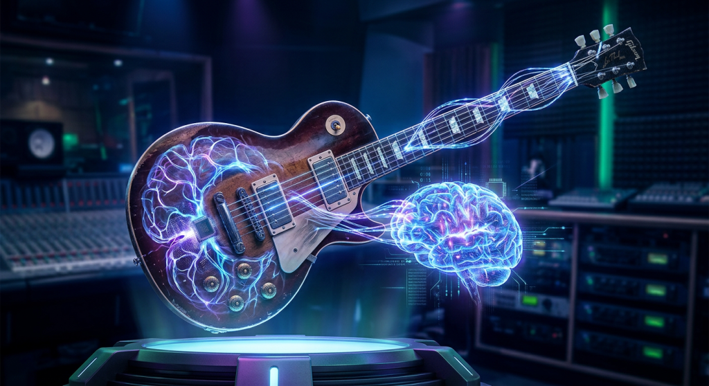 Holographic electric guitar and human brain connected by neural network visuals
