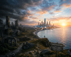 Lone person overlooking ruined ancient buildings on one side and a brightly lit futuristic city by the sea on the other, with directional signs labeled horizons expand and civilization declines.