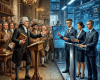 Historical figure holding 'The Wealth of Nations' debating modern professionals in a high-tech room labeled technocracy