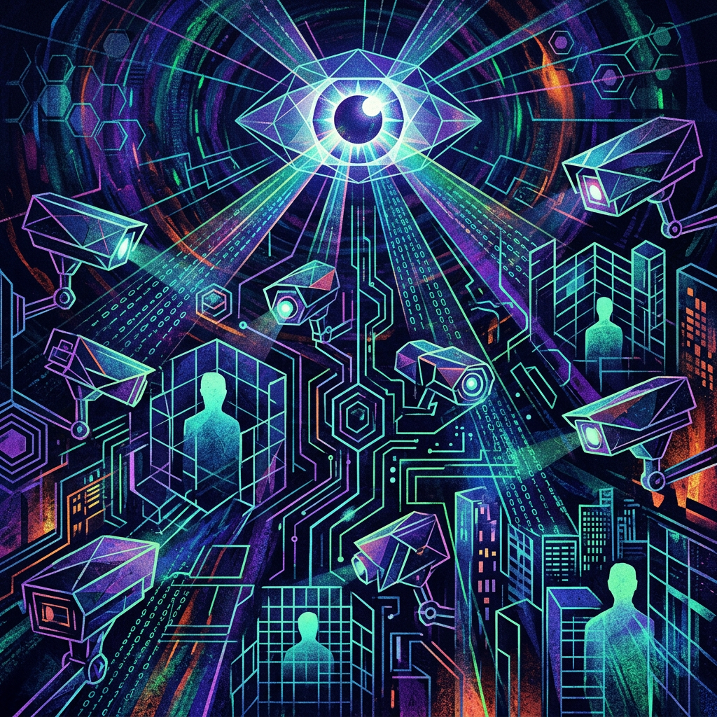 Surveillance cameras monitoring human figures amid digital data streams and network connections