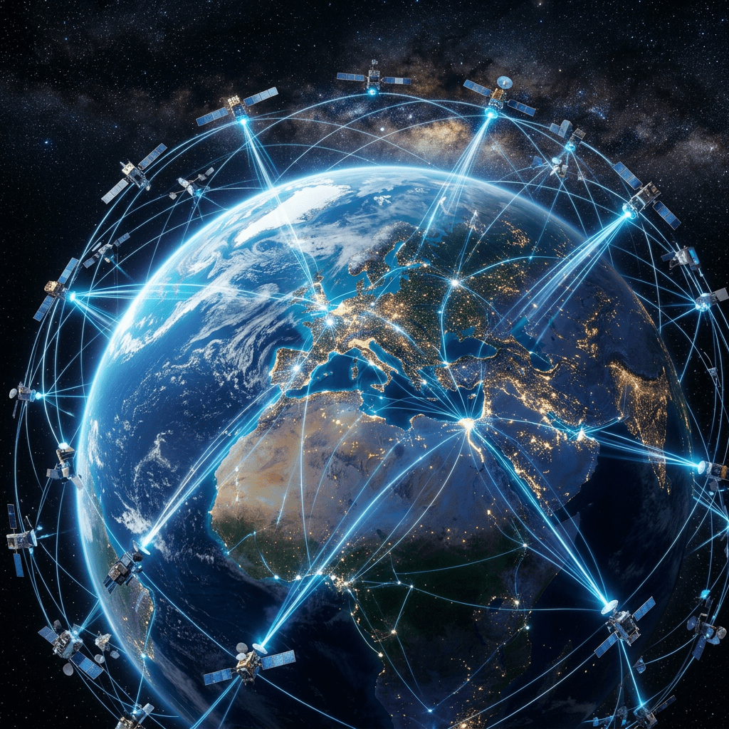 Earth with multiple satellites in orbit connected by bright digital networks