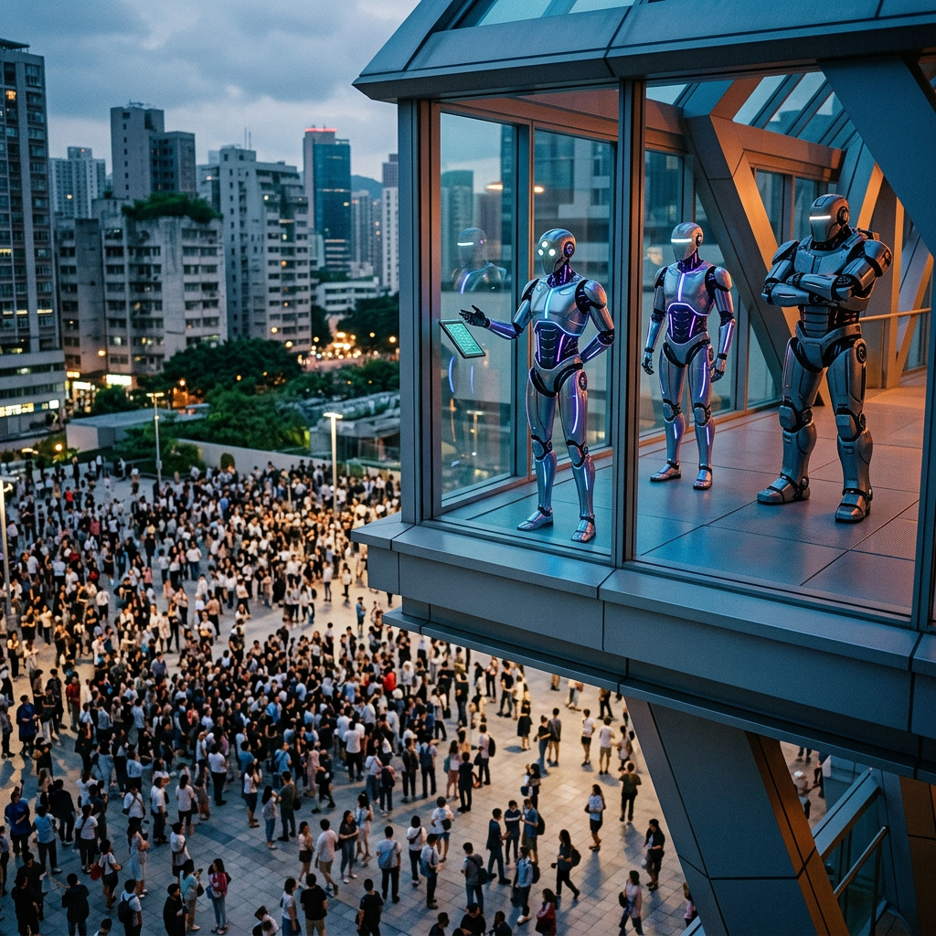Three futuristic robots inside a glass structure overlooking a crowd in an urban plaza at dusk