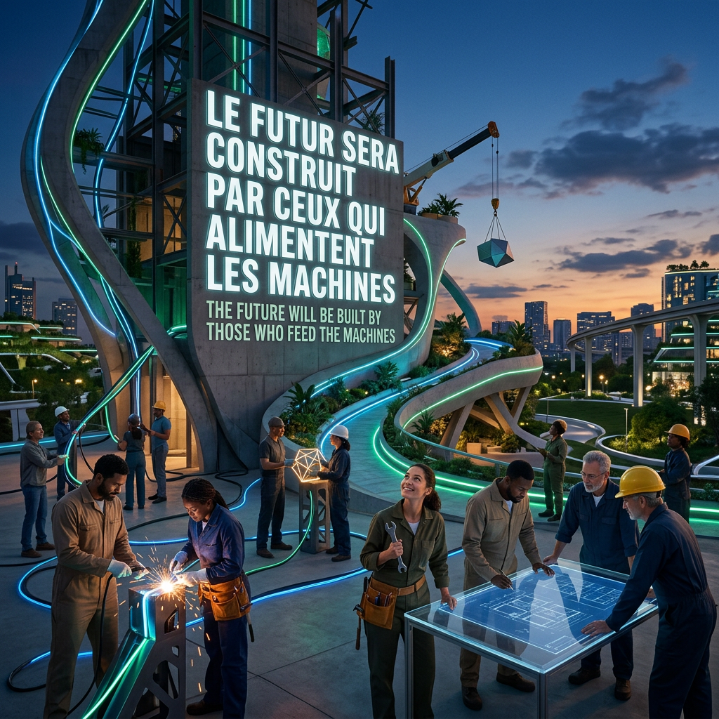 Workers collaborating on futuristic construction site with neon-lit building and blueprint table